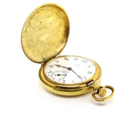 Consul gold plated full hunter pocket watch white enamel dial with black Arabic numerals and subsidiary seconds dial. Stem wi