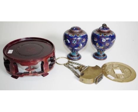 Pair vintage Japanese cloisonne lidded vases butterfly and blossom decorated on blue ground, (as inspected: chips to each, an