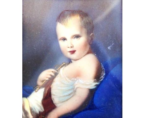 Handpainted portrait miniature of a young boy on paper, signed Hellor, 9cm x 7cm approx.