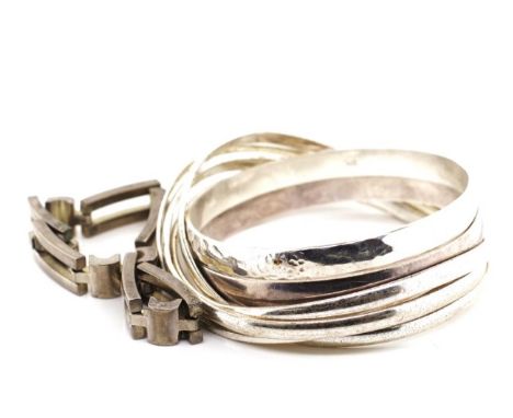 White metal bangle and bracelet group includes 925 and MS marks Approx total weight 129 grams untested