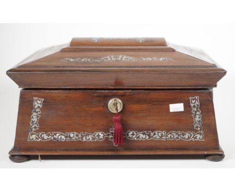 Antique inlaid mahogany sewing box inlaid Mother of Pearl decoration, dual ring handles, fitted and lined interior, including