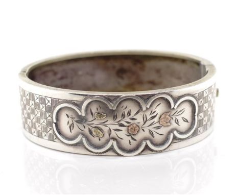Victorian silver plate  cuff bangle with applied mixed metal and engraved floral decoration . Approx inside width 55mm, weigh