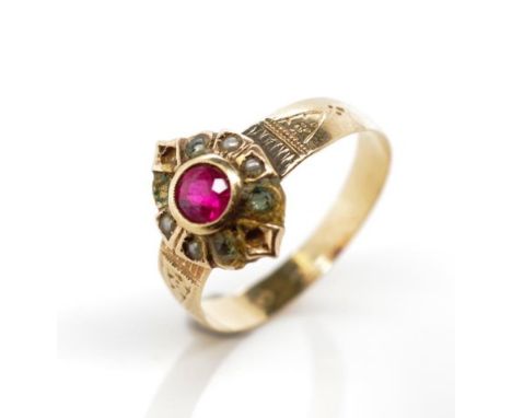 Antique 14ct yellow gold and ruby ring set with seed pearls. Marked dog head 4, JL. Approx weight 2.88 grams, ring size S. NB