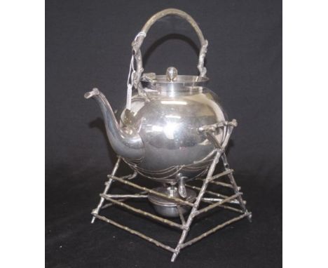 Vintage silver plate kettle on stand marked for Maple &amp; Co, London, with rustic form stand, and burner, (height 34cm appr