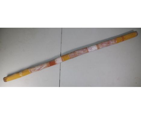 Aboriginal hand painted didgeridoo decorated with natural earth pigments, 138cm long