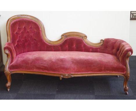 Late Victorian rococo style chaise longue with spoon back and scroll carving, 178cm long, 93cm high approx