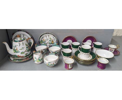 Mixed teaware to include Crown Staffordshire chinoiserie design set, a Spode coffee set, along with a set of three French cup