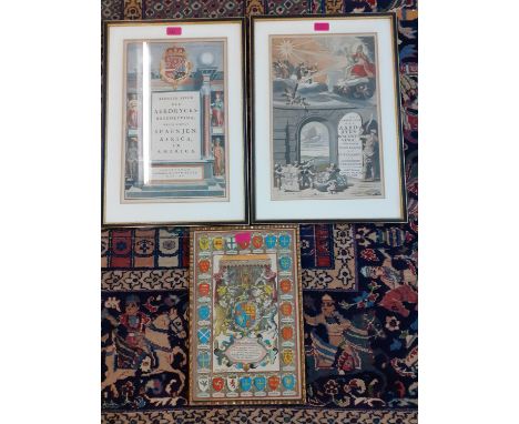 Three antiquarian prints consisting of The Achievement of our Sovereign King James, Jodocus Hondius Flanader Celarit Anna Dom