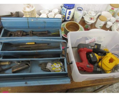 Two boxes of tools to include Dewalt screwdriver, Stanley hand planer etc 