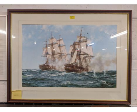 Geoff Hunt - two limited edition prints of Nelson's Ships, signed together with another print of two warships at battleLocati