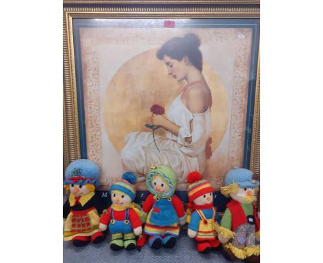 R Franklin - Mystic Roses, a print in a gilt frame, together with five knitted family figures 