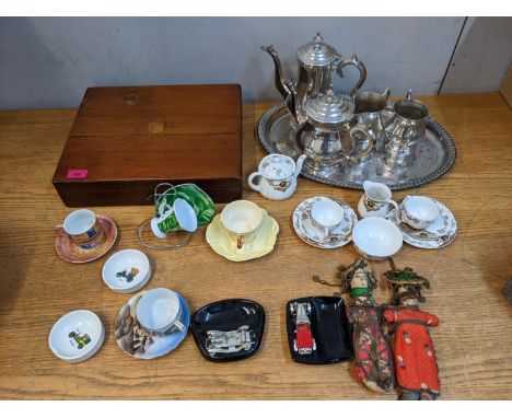 Silver plate and ceramics to include a canteen, a teaset, cups and saucers, dolls and other items, tray 22cmh, 24cm dia 