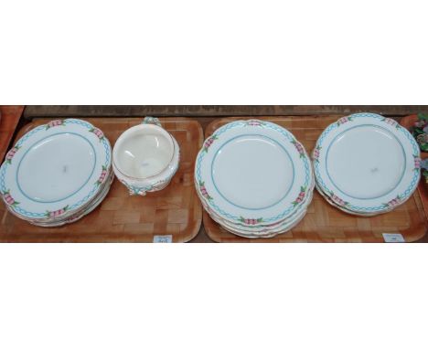 Two trays of 19th Century floral edged Royal Worcester dinnerware to include: round and oval plates and a two handled soup tu