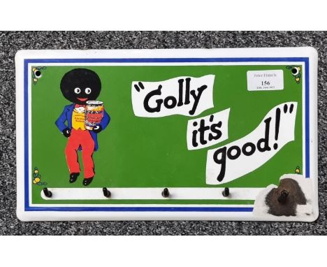 Enamelled metal advertising sign for Golden Shred 'Golly it's Good', incorporating a row of hooks. Labelled verso 'Hand print