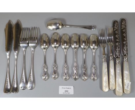 Collection of silver flatware, some with mother of pearl handles.  Total weight not including mother of pearl 12.8 troy oz ap