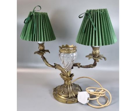 19th Century probably French ormolu two section table candelabrum, now converted to a light, with central glass vase. (B.P. 2