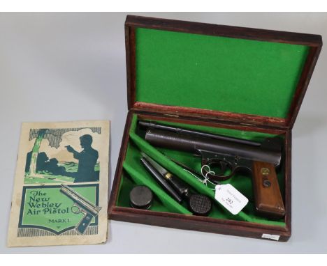 Webley Mark 1 air pistol No. 18610 with patent dates from the 1920s, having blued action and wooden grip with brass inset.  F