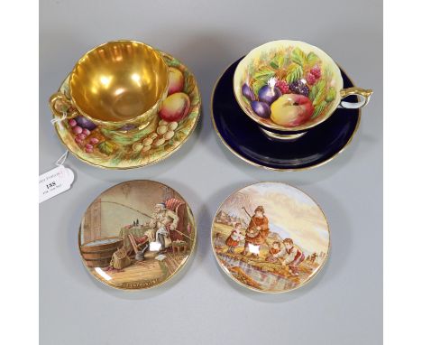 Two 19th century Prattware transfer printed pot lids to include: 'The Enthusiast' together with two Aynsley fruit design cabi