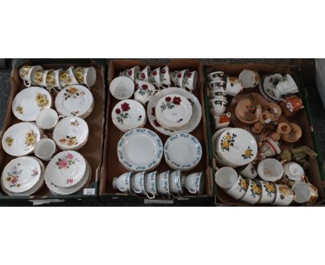 Three boxes of china to include: various floral teaware; modern Chinese, Old Royal, Old Foley James Kent Ltd, Royal Imperial,