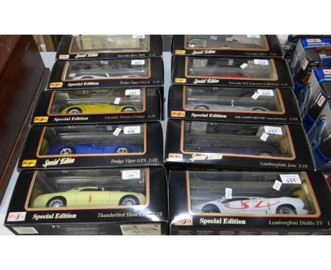 Ten Maisto 1:18 scale diecast model sportscars in original boxes to include: Mercedes Benz 300S, Thunderbird Show Car, Porche