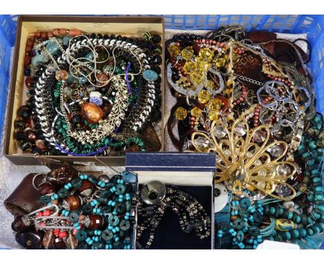 Collection of vintage and other jewellery to include: bracelets, necklaces, earrings, pendants, 24K gold plated peacock decor