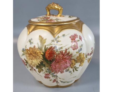 Royal Worcester porcelain 1412 blush ivory floral decorated globular jar and cover with pierced loop handle, green printed ma