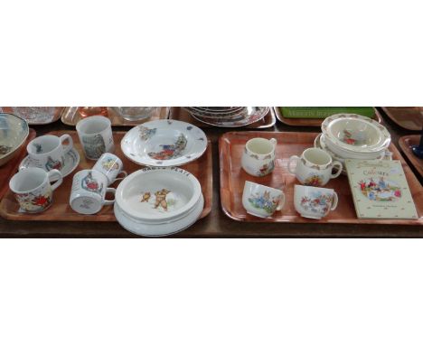 Two trays of china to include: Wedgwood of Etruria & Barlaston Peter Rabbit Beatrix Potter, cups and saucer and pot, a Wedgwo