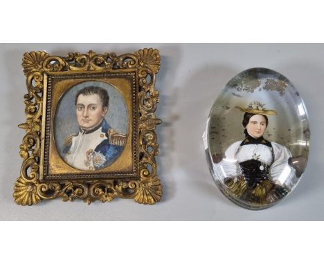 Antique hand painted portrait miniature of Napoleon in gilt metal frame, together with an antique clear glass paperweight wit