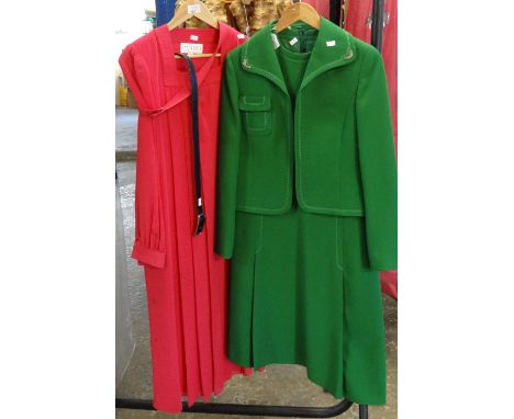 Two vintage ladies 60's/70's outfits to include: a bright green sleeveless shift dress and matching jacket with 'Classikem' l