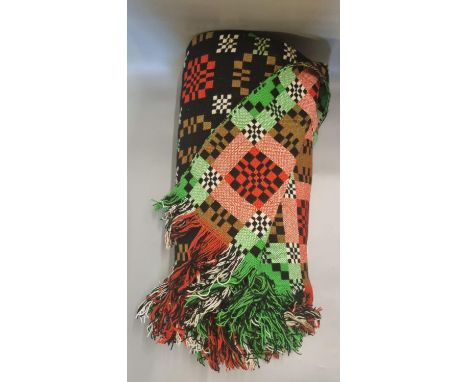 Vintage woollen Welsh tapestry blanket or carthen on black ground with fringed edge. (B.P. 21% + VAT)  Has 'Gernos, Maesllyn 