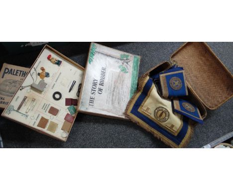 Box of assorted items to include; a Palethorpes box, a painted wooden tray, boxed 'The Story of Rubber' by the British Rubber