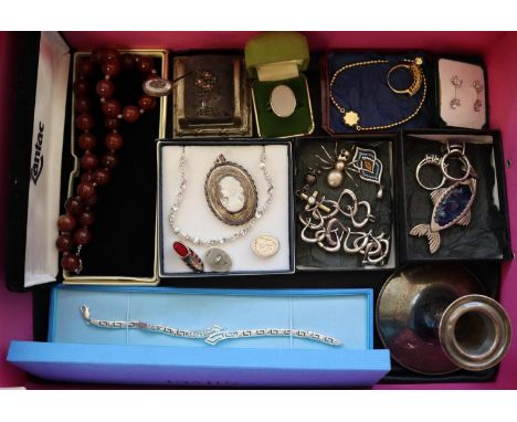 Collection of hallmarked sterling and 925 silver jewellery and other silver items to include: candle stick, buttons, pin cush