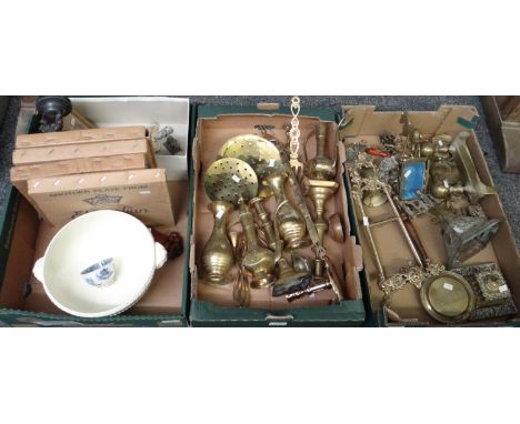 Two boxes of brassware to include: brass candlesticks, vases, inkwell, miniature easel, miniature bed warmer, chamber stick, 