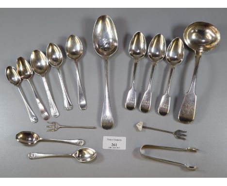 Bag of 18th, 19th and 20th century silver flatware, mainly spoons, pair of sugar nips etc.  11.5 troy oz approx.  (B.P. 21% +