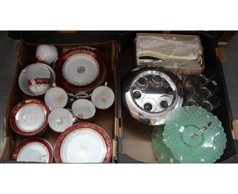 Box of burgundy and gilt German porcelain tea and dinnerware to include: various plates, teacups, saucers, sugar bowl, milk j