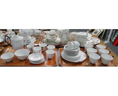 Two trays of Royal Albert English bone china 'Golden Rain' design coffee ware to include: coffee pot, coffee cups and saucers