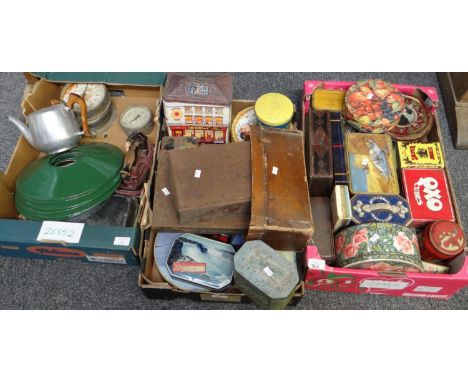 Three boxes of mostly metalware to include: various vintage tins; biscuit tins, Oxo tin, Bisto, tobacco, sweet tins etc, vint