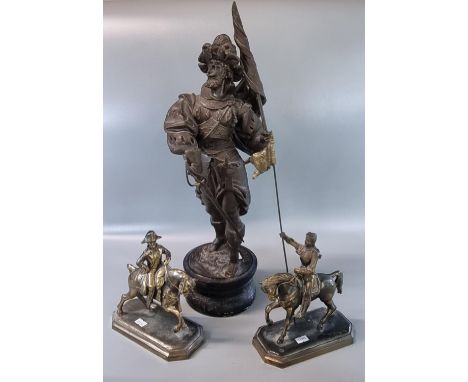 Pair of French cast metal models of Joan of Arc and Napoleon on horseback standing on octagonal bases marked 'G R France' ind