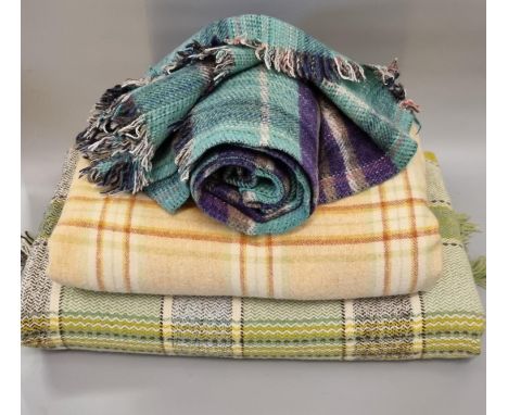 Box containing two vintage woollen check blankets or carthen, one with fringed edge and a 'Tweedmill' throw. (3)(B.P. 21% + V