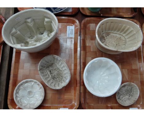 Collection of ceramic jelly and blancmange moulds, mostly 19th Century, one Gresley Green & Co Ltd, others unmarked. (B.P. 21