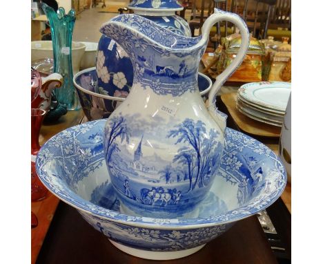 Blue and white Welsh pottery (probably Llanelly) Primavesi & Co, Cardiff and Swansea, 'Rural' design jug and basin set. (B.P.