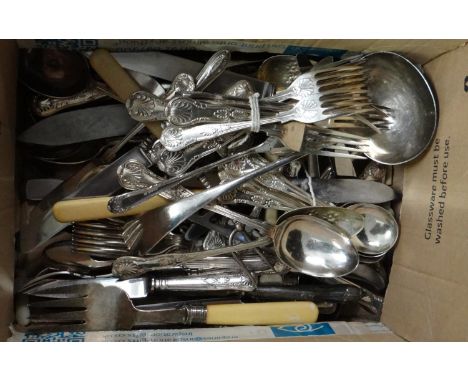 Box of loose cutlery to include; carving sets, plated soup spoons, serving spoons, ladle, forks, berry spoon etc. (B.P. 21% +