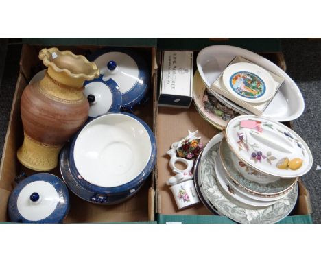 Two boxes of ceramics to include; Woods ware 'powder blue' design dinnerware comprising: lidded tureens and plates, Wedgwood 