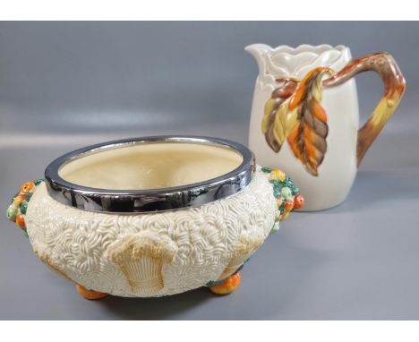 Clarice Cliff Newport pottery 'Celtic Harvest' design fruit bowl with silver plated collar. Together with a Clarice Cliff 'Au