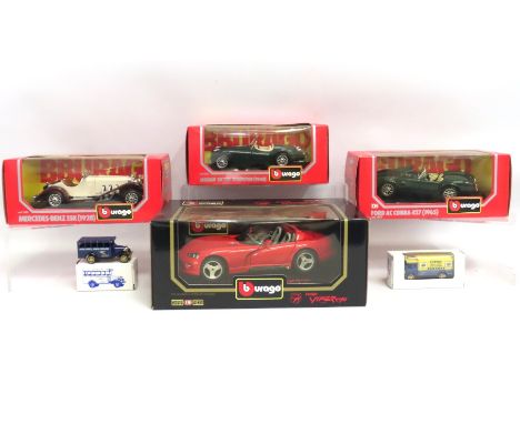 Four boxed Bburago diecast vehicles including a Viper & three classic type sports cars twinned with two boxed Corgi vehicles,