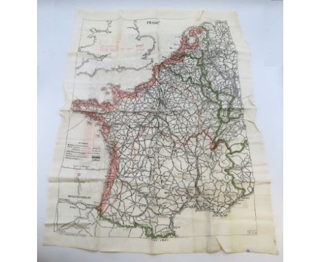 A WW2 Air Ministries silk handkerchief with escape map print depicting France with further map of Europe to verso, 600mm x 44