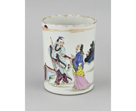 18th - 19th Century Chinese porcelain family verte brush pot with enamel figures in landscape. One chip. Dimensions: H 13.2 x