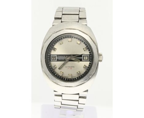 Steel Tissot watch, automatic T. 12, with a round contoured case with a black and silver-colored dial with date indication. T