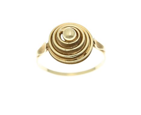 Yellow gold ring, 585/000, with a spiral head with a sphere. Ã¸ head 12.5 mm. Ã¸ 58. approx. 2.1 grams. In good condition.