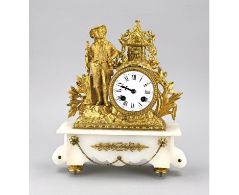 Intact antique French mantel clock made of alabaster with gilded composition metal. Circa 1870, Louis Philippe. Eight-day mov